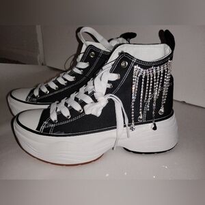 Black and White High-Top Sneakers with Rhinestone Detailing
